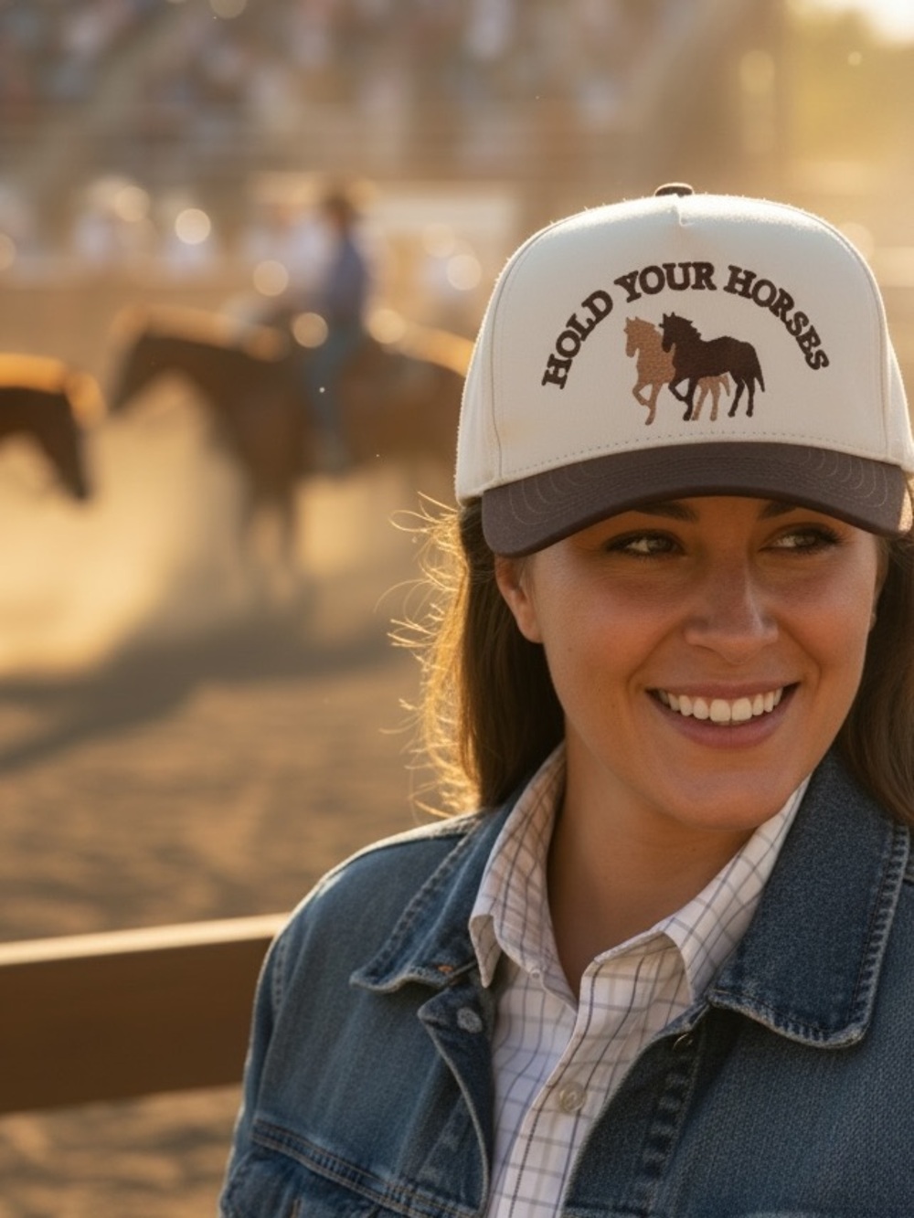Hold Your Horses Dark Brown & Cream Equestrian Embroidered Snap Back Trucker Hat